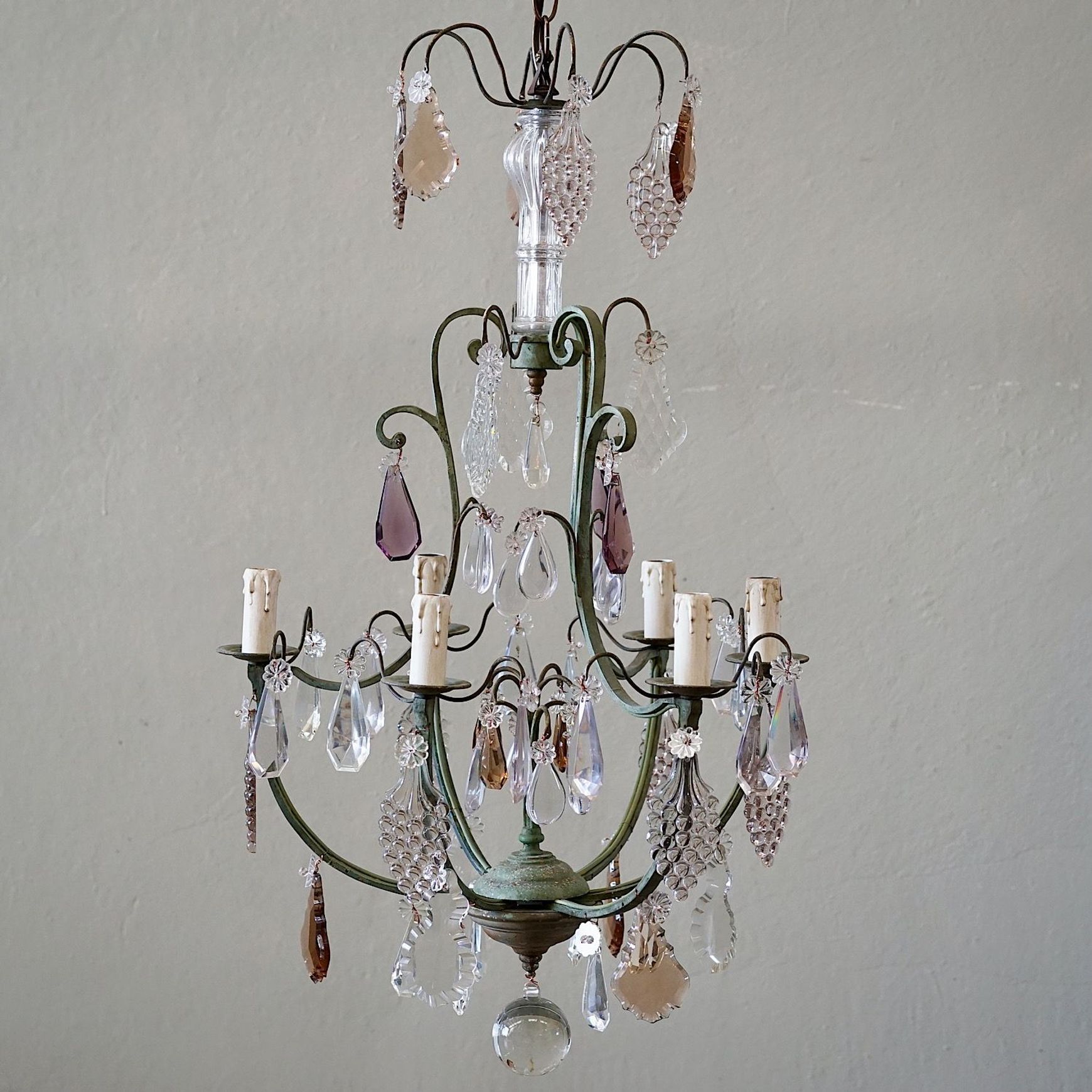 French Antique Verdigris Brass & Glass Chandelier