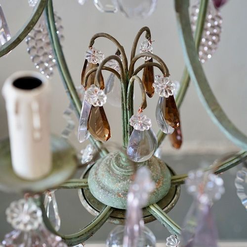 French Antique Verdigris Brass & Glass Chandelier