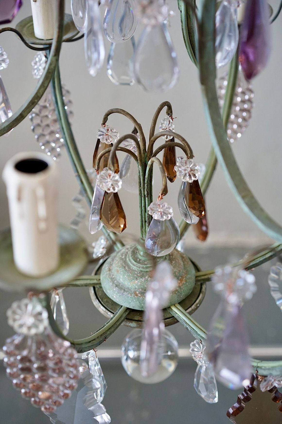 French Antique Verdigris Brass & Glass Chandelier