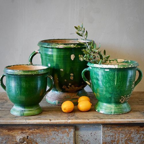 French Green Glazed Terracotta Planters (Set of 3)