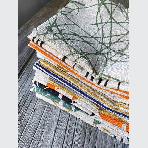 Hand-printed 100% Linen Tea Towel - Scribble Grass, Green