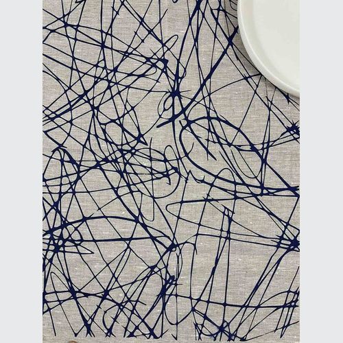 Hand-printed 100% Linen Tea Towel - Scribble Grass, Navy Blue