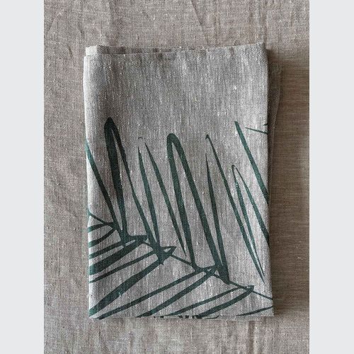 Hand-printed 100% Linen Tea Towel - Leaf, Sage Green