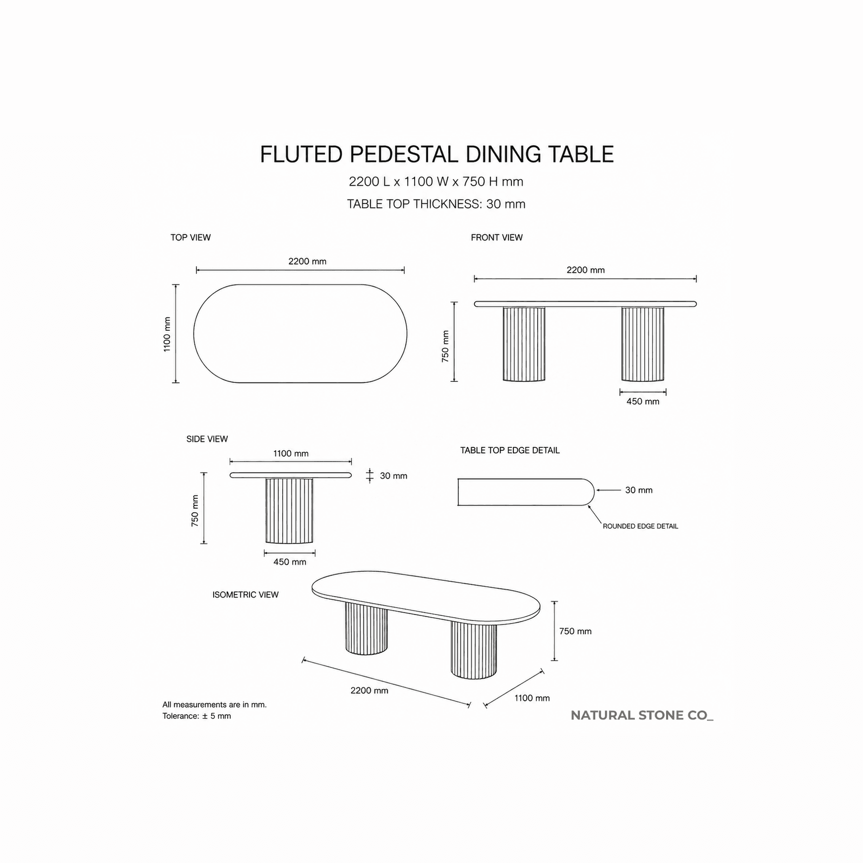 Fluted Oval Dining Table - Carrara Marble