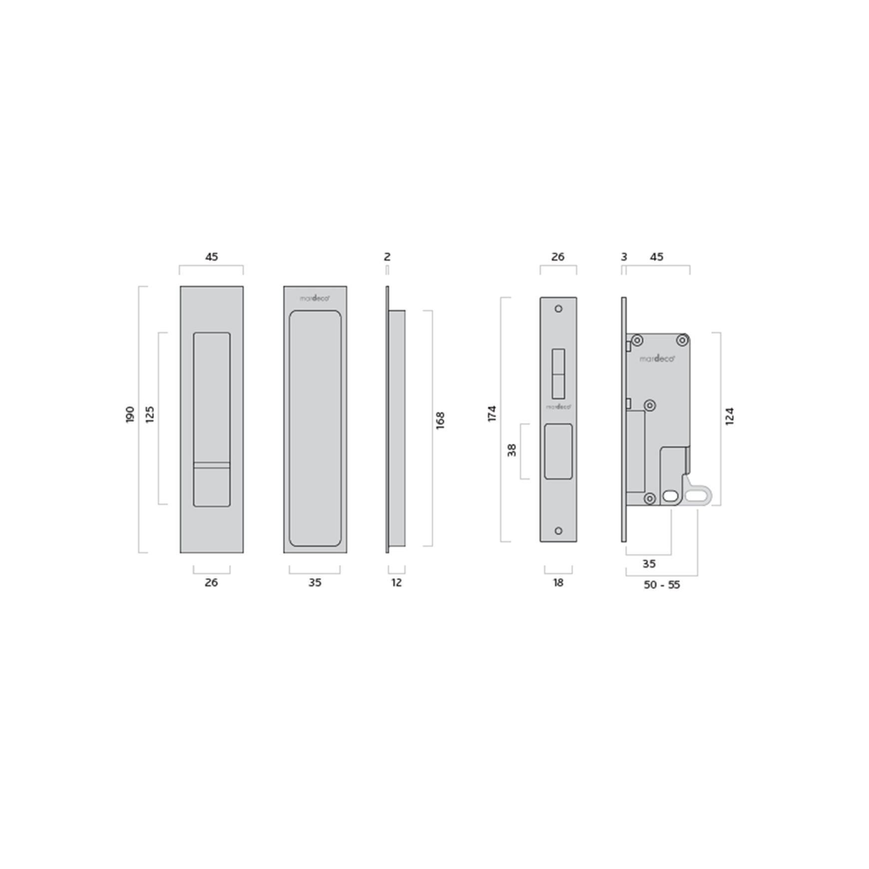 Mardeco 'M' Series Flush Pull Privacy Set Brushed Satin Chrome for Sliding Doors BSC8004SET