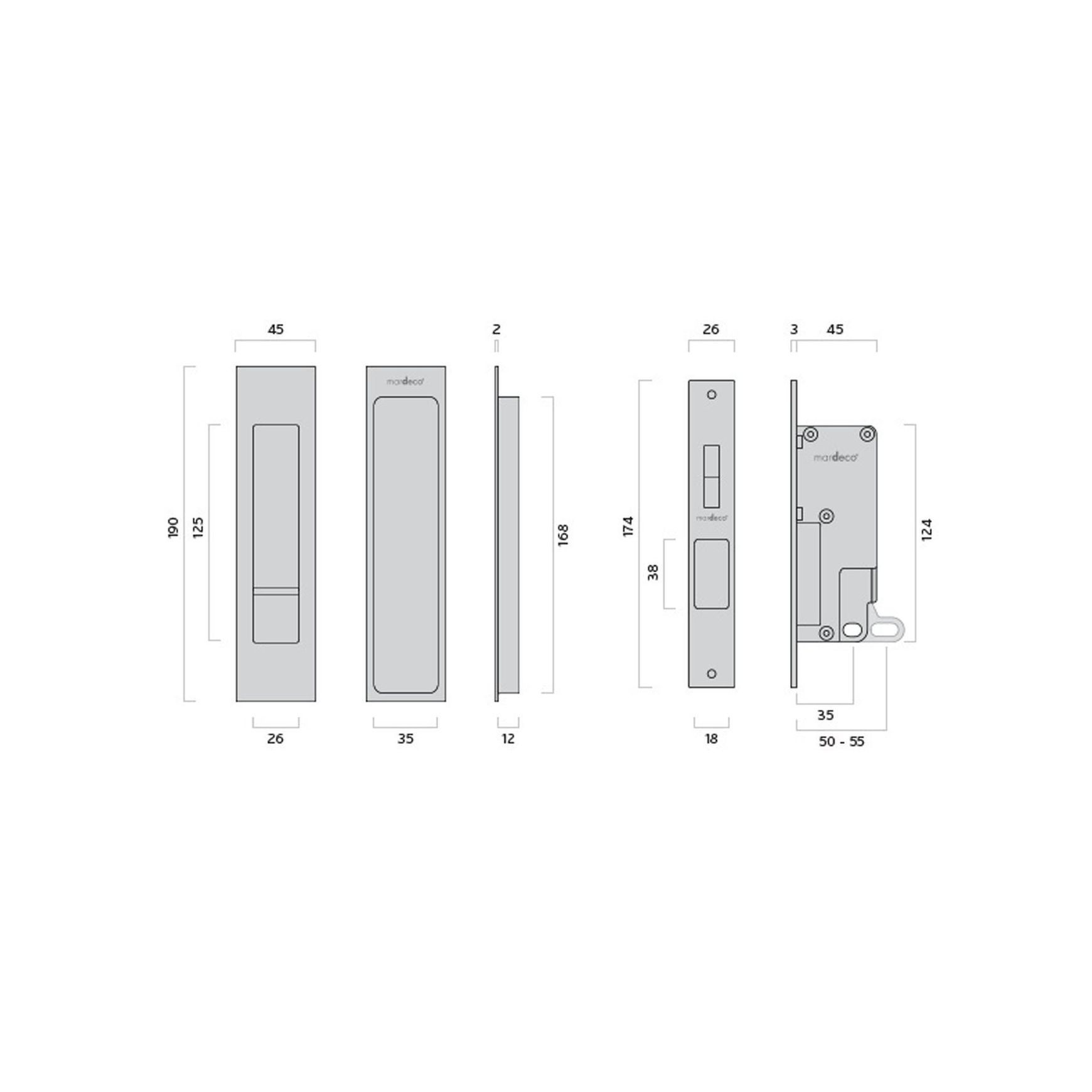 Mardeco 'M' Series Flush Pull Privacy Set Satin Brass for Sliding Doors BRS8004SET