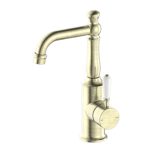 York Basin Mixer With White Porcelain Lever Aged Brass