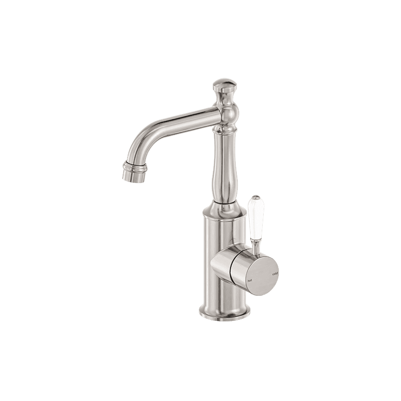 York Basin Mixer With White Porcelain Lever Brushed Nickel