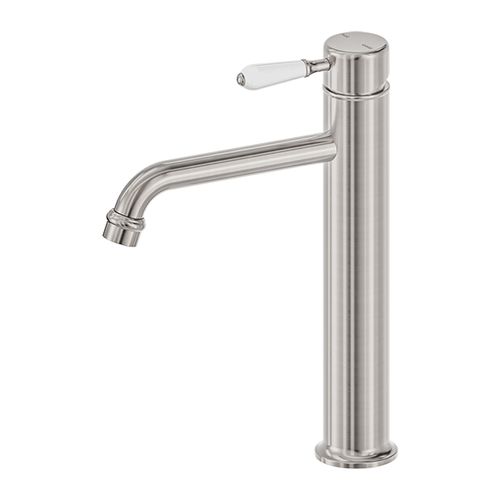 York Straight Tall Basin Mixer With White Porcelain Lever Brushed Nickel