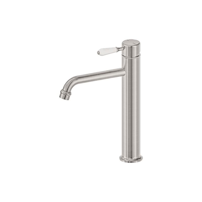 York Straight Tall Basin Mixer With White Porcelain Lever Brushed Nickel