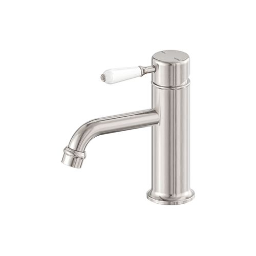 York Straight Basin Mixer With White Porcelain Lever Brushed Nickel