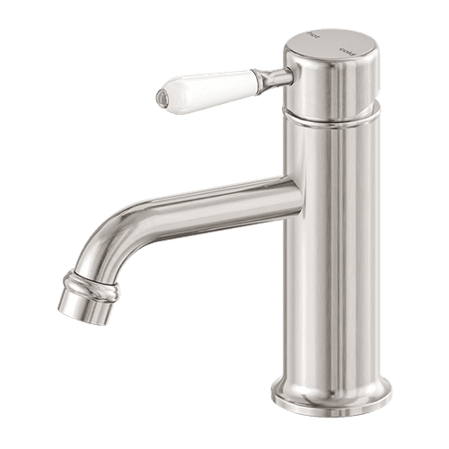 York Straight Basin Mixer With White Porcelain Lever Brushed Nickel