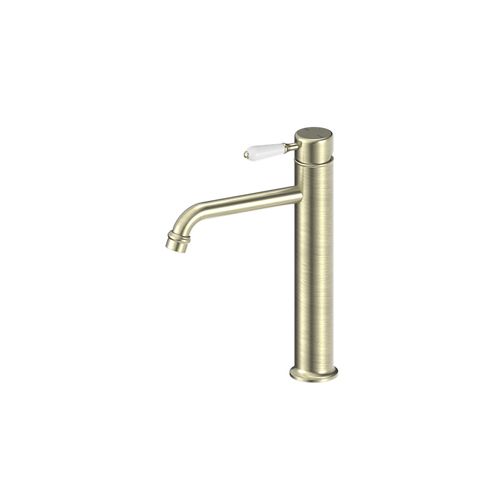 York Straight Tall Basin Mixer With White Porcelain Lever Aged Brass