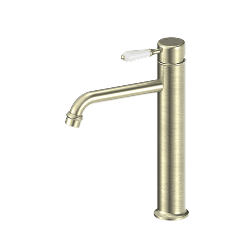 York Straight Tall Basin Mixer With White Porcelain Lever Aged Brass