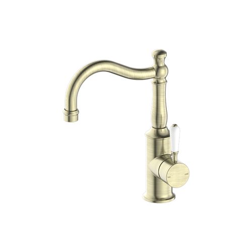 York Basin Mixer Hook Spout With White Porcelain Lever Aged Brass