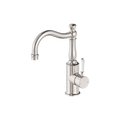 York Basin Mixer Hook Spout With White Porcelain Lever Brushed Nickel