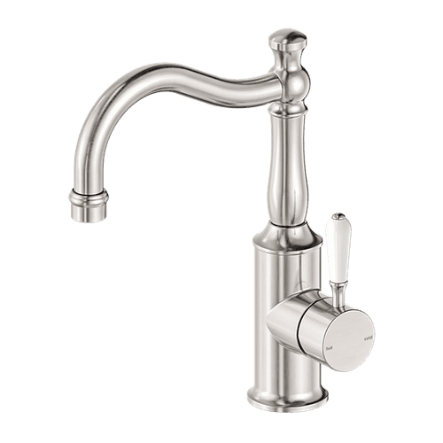 York Basin Mixer Hook Spout With White Porcelain Lever Brushed Nickel