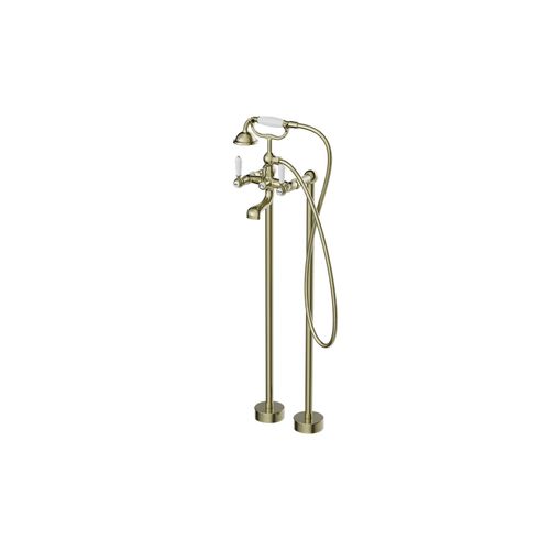 York Freestanding Bath Set With White Porcelain Hand Shower Aged Brass