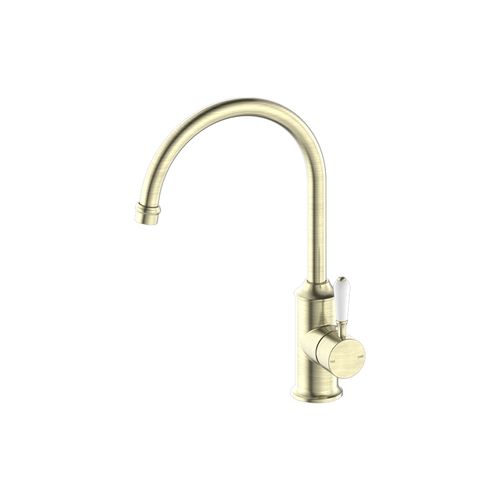 York Kitchen Mixer Gooseneck Spout With White Porcelain Lever Aged Brass