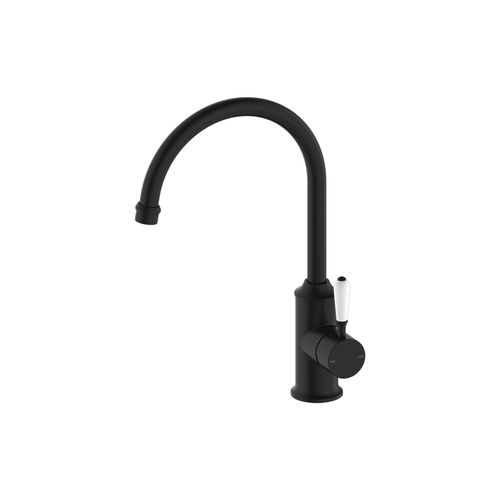 York Kitchen Mixer Gooseneck Spout With White Porcelain Lever Matte Black