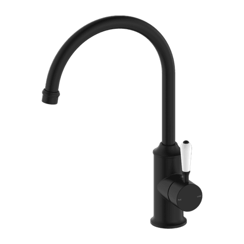 York Kitchen Mixer Gooseneck Spout With White Porcelain Lever Matte Black