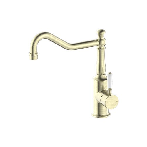 York Kitchen Mixer Hook Spout With White Porcelain Lever Aged Brass