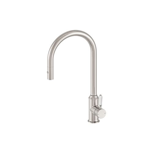 York Pull Out Sink Mixer With Vegie Spray Function With White Porcelain Lever Brushed Nickel