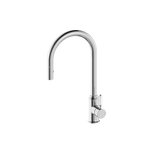 York Pull Out Sink Mixer With Vegie Spray Function With White Porcelain Lever Chrome
