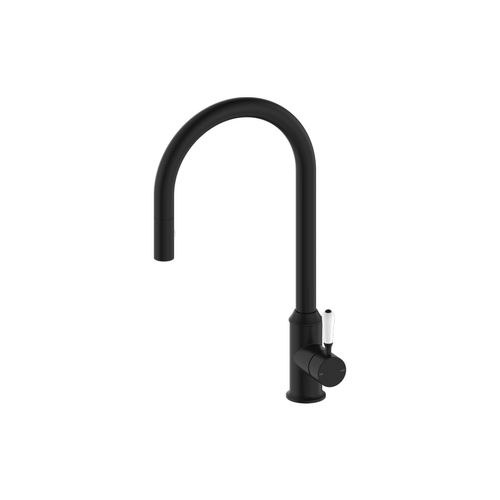 York Pull Out Sink Mixer With Vegie Spray Function With White Porcelain Lever Matte Black