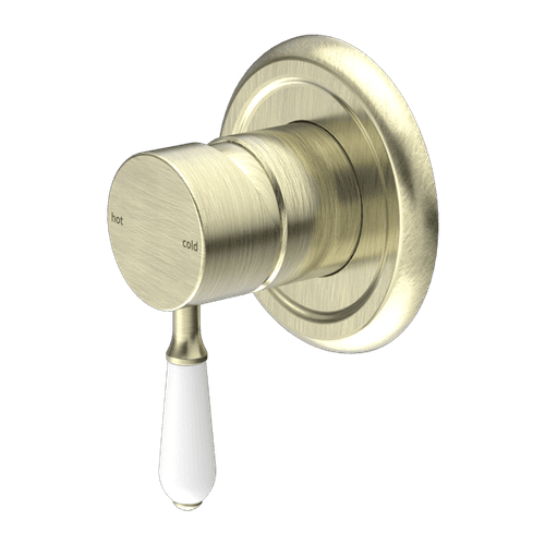York Shower Mixer With White Porcelain Lever Aged Brass