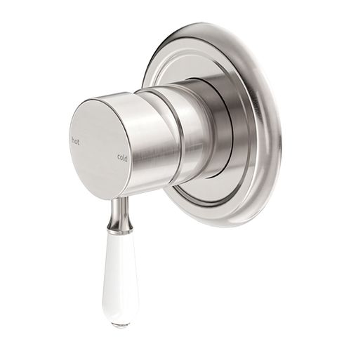 York Shower Mixer With White Porcelain Lever Brushed Nickel