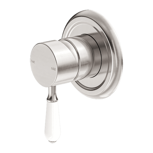York Shower Mixer With White Porcelain Lever Brushed Nickel