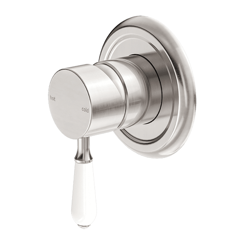 York Shower Mixer With White Porcelain Lever Brushed Nickel