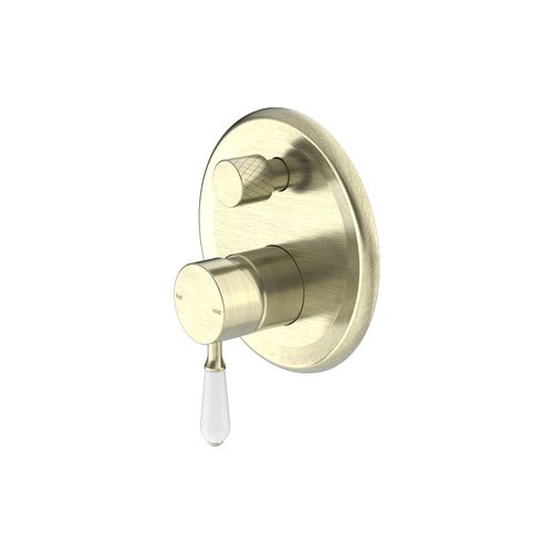 York Shower Mixer With Divertor With White Porcelain Lever Aged Brass
