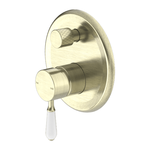 York Shower Mixer With Divertor With White Porcelain Lever Aged Brass