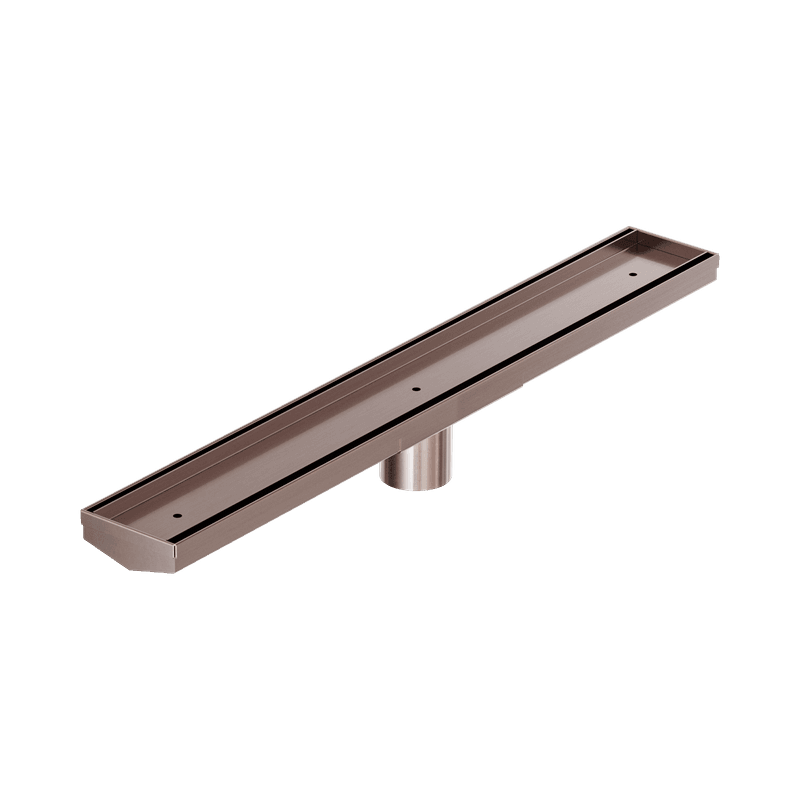 Tile Insert V Channel 600mm Floor Grate 50mm Outlet With Hole Saw Brushed Bronze