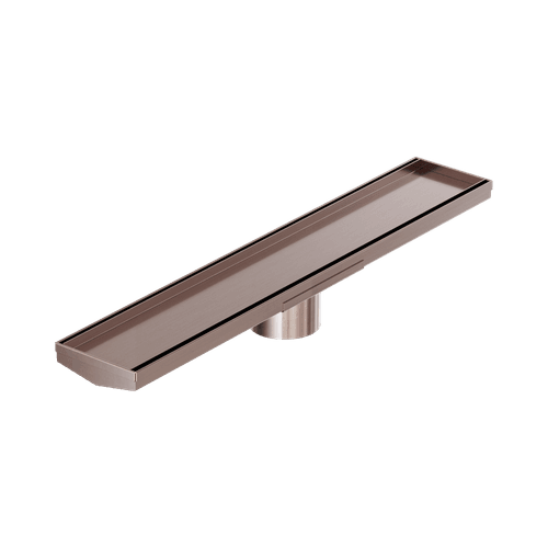 Tile Insert V Channel 600mm Floor Grate 80mm Outlet With Hole Saw Brushed Bronze