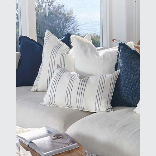 Rock Pool Linen Cushion - White with Navy Stripe 40x60