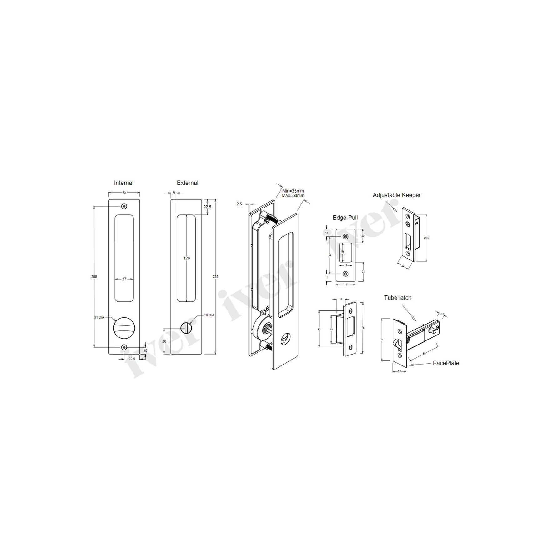 Iver Rectangular Flush Pull Privacy Set Brushed Chrome for Sliding Doors 21415P *Pair*