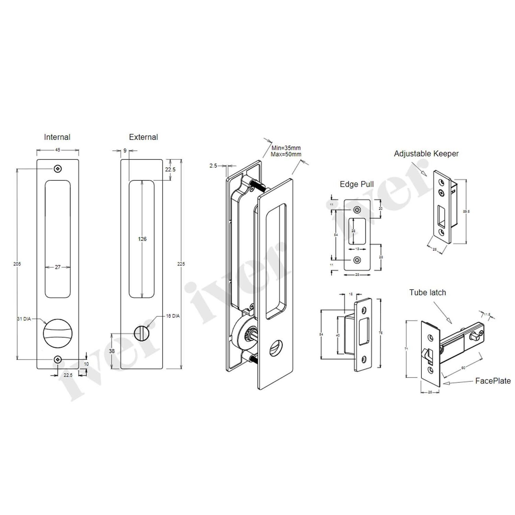 Iver Rectangular Flush Pull Privacy Set Brushed Brass for Sliding Doors 21415P *Pair*