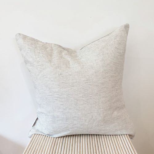 100% French Flax Linen Feather filled Cushion- Charcoal Pinstripe