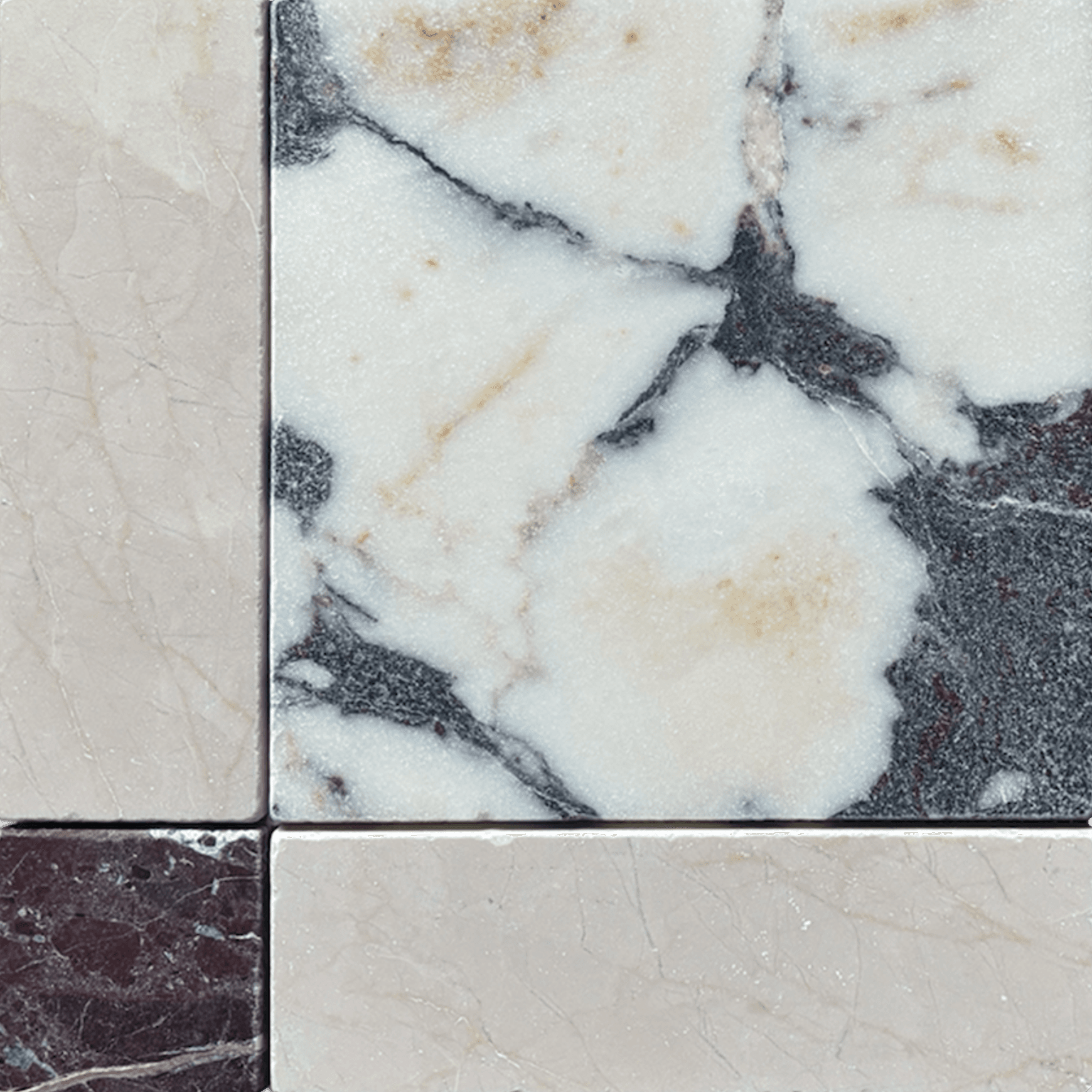 Gingham Calacatta Viola, Botticino and Rosso Levante Tumbled