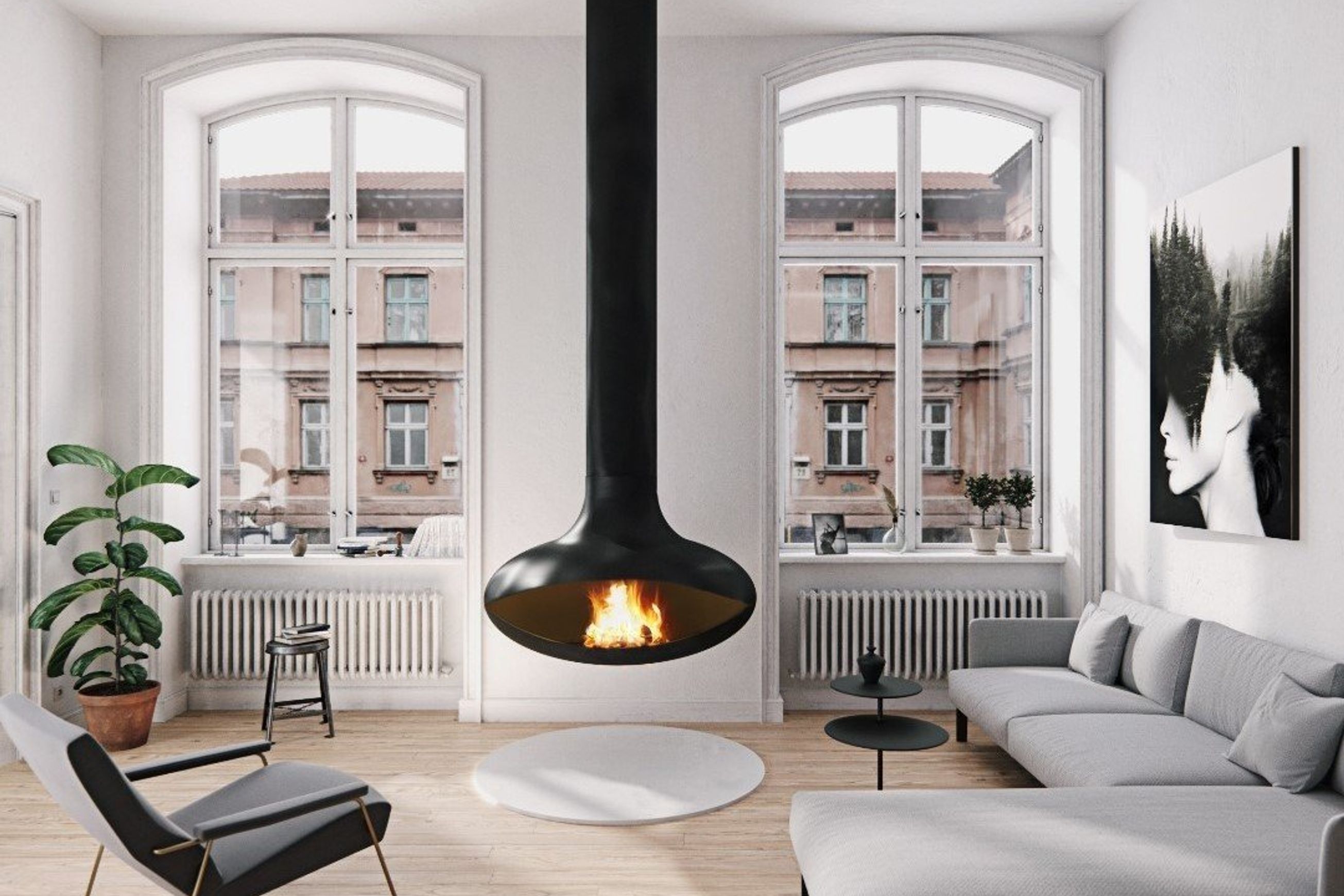 Zen Suspended Elegante Wood Fireplace