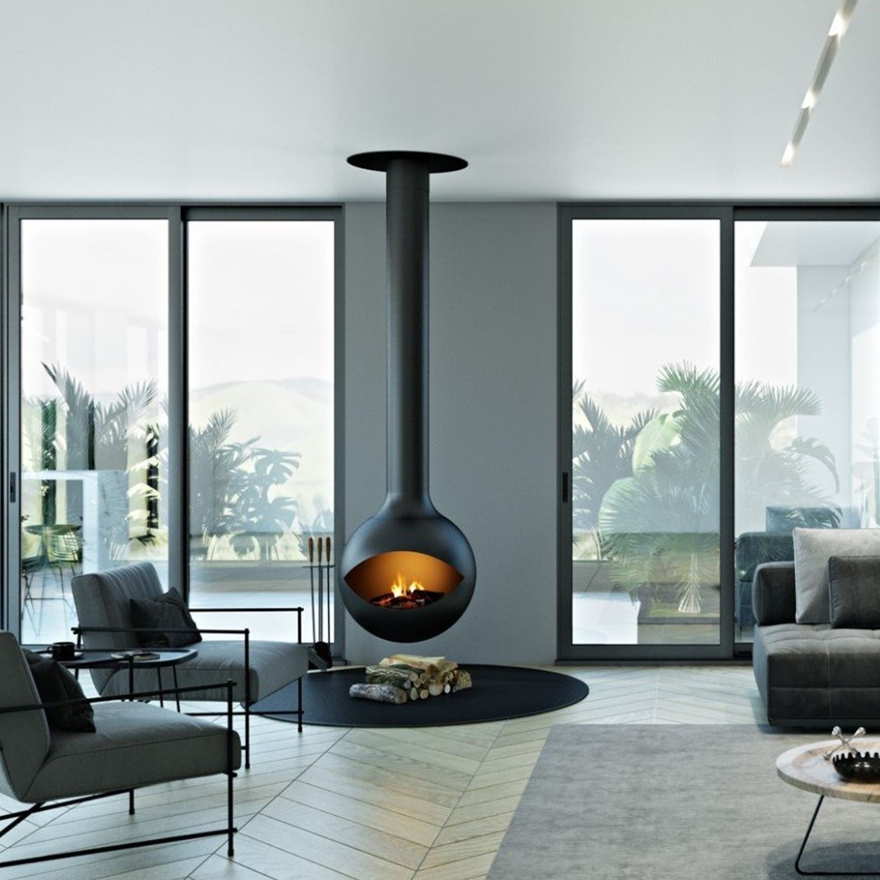 Zen Suspended Occio Wood Fireplace