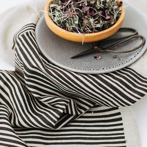 Hand-printed 100% Linen Tea Towel - Stripes, Black