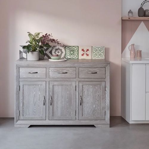 Chamfer Solid Oak Large Sideboard In Grey Wash
