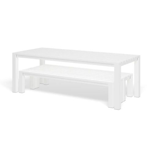 Cove Table 220cm and 2 Bench Seats with Cushions - White
