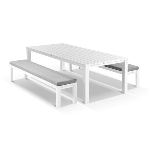 Cove Table 220cm and 2 Bench Seats with Cushions - White