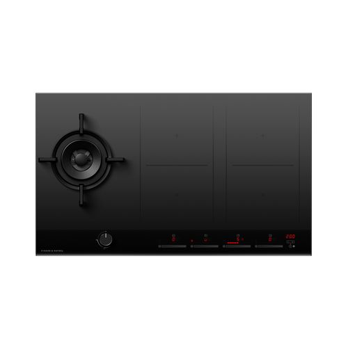 Gas + Induction Cooktop, 90cm, 1 Burner, 4 Zones with SmartZone, Black Glass