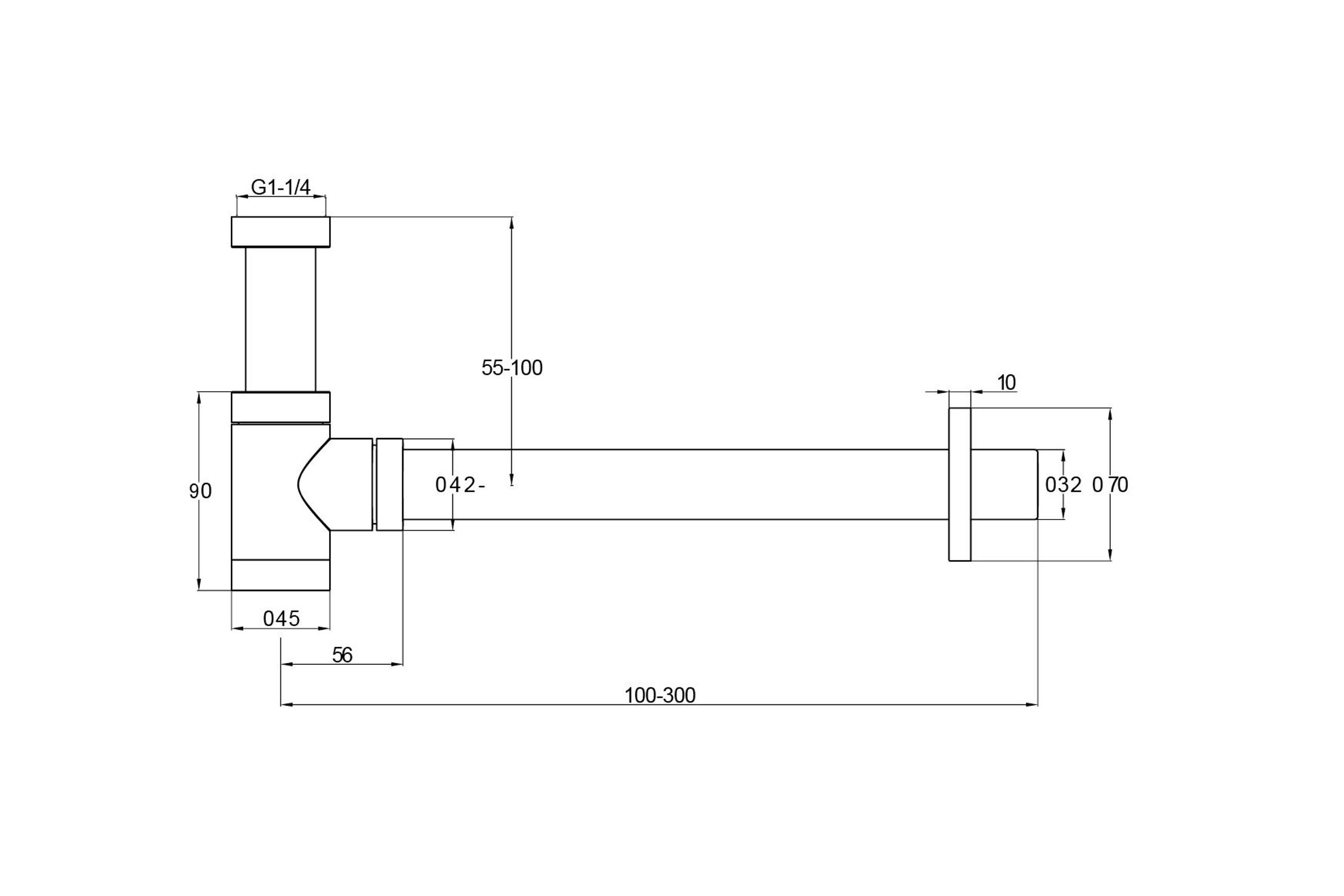 32mm Bottle Trap Brushed Copper dimensions